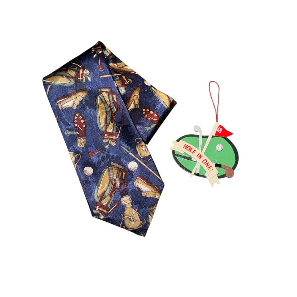 Vintage Italianissimo Golf Necktie Blue‎ Novelty Print + Hole In One Ornament